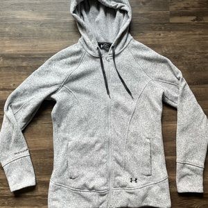 Woman’s Under Armour full zip up sweater, size large, grey.